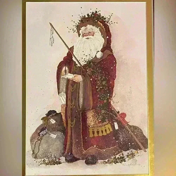 1 FRAMED Peggy Abrams Santa Claus  Father Christmas Print. Burgundy & gold matte - Picture 3 of 9